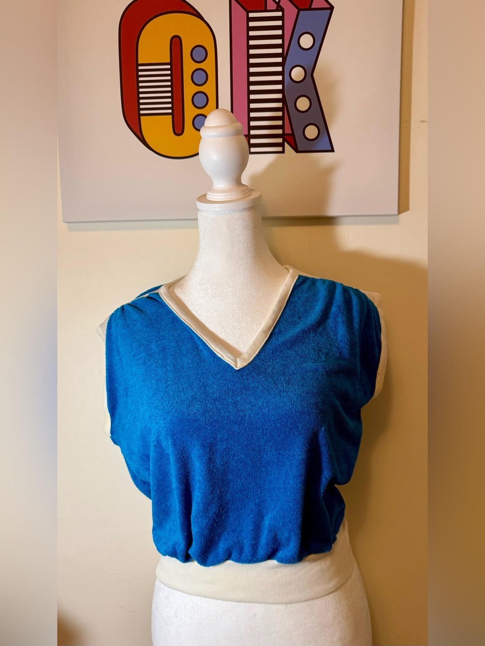 Vintage 70s Blue Terrycloth Top with White Accents and Cap Sleeves